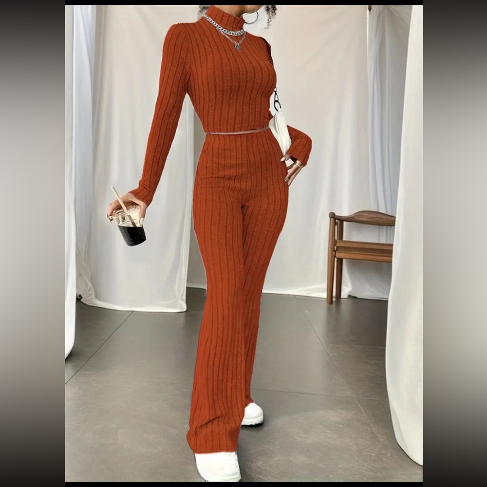Solid Ribbed Two-piece Set, Long Sleeve Mock Neck T-shirt & Flare Leg Pants
